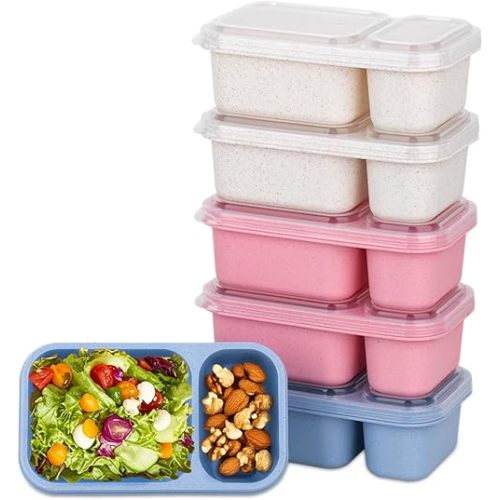 6Pack 2-Compartment Reusable Snack Containers with Lids, Wheat Straw Reusable Snack Packs for Meal Prep Food Storage On-the-Go Snacking