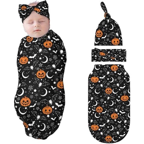 Halloween Swaddle Blankets Newborn Receiving Blanket Baby Swaddle Wrap with Headband Hat Set for Baby Girls Boys