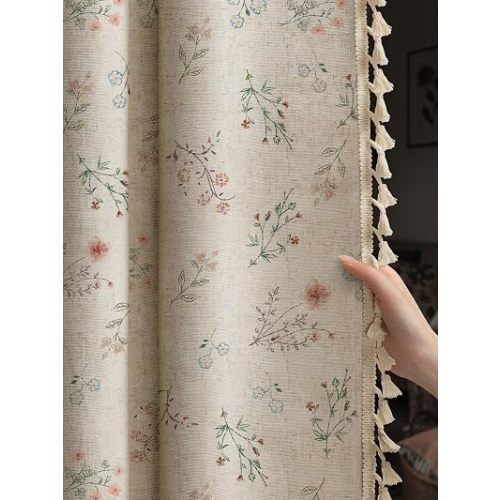 Boho Floral 100% Blackout Curtains 84 Inch 2 Panels Linen Texture