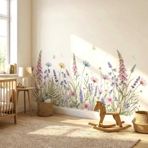 Wildflower Wall Decal | Watercolor Meadow Mural | Floral Nursery Decor | Cottagecore Wall Art | Lavender and Daisy Print