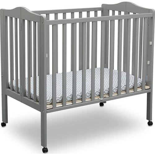 Delta Children Folding Portable Mini Baby Crib with 1.5-inch Mattress - Greenguard Gold Certified, Grey