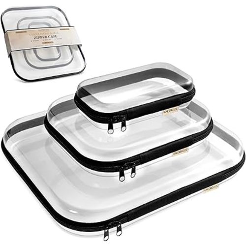 Clear Hard Shell Zipper Case 1.1mm Set S+M+L, Premium Plastic Hardshell Pouches and Storage Boxes for Clothes, Toys, Makeup, Toiletry & Travel, Zip Up Organizer Bags and Packing Cubes.