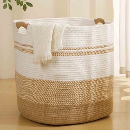 Large Laundry Basket Hamper, 93L Baby Laundry Basket Nursery Dirty Clothes Hamper, Cotton Rope Woven Storage Bin for Blankets Storage for Living Room Tall Basket for Nursery Decor