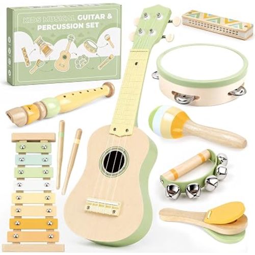 Kids Guitar Set - 8 in 1 Toddler Montessori Musical Instruments | Wooden Baby Ukulele Xylophone Tambourine Maracas Flute, Toy Guitar for Toddler 1-3, Mini Guitar Set Toddler Gifts for 2 year