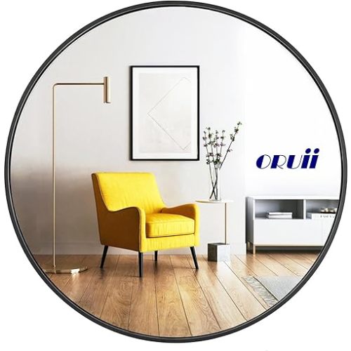 Round Mirror, Black Round Mirror 24 inch, Circle Wall Mirrors Metal Frame, Circular Mirrors for Wall, Living Room, Bathroom, Vanity, Entryway, Hallway.