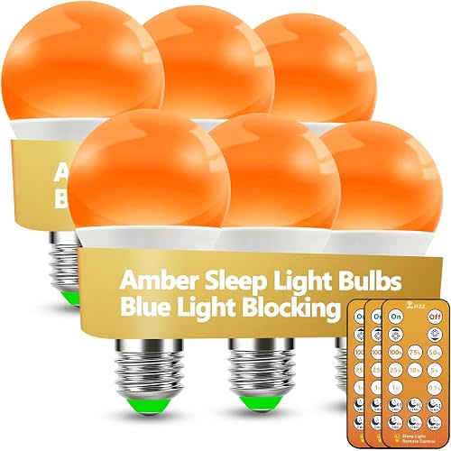 Sleep Light Bulbs Amber 1600K with Remote Control, E26 Blue Light Blocking A19, 9W for Sleep Therapy, Baby Nursery, Bedroom (6 Pack)