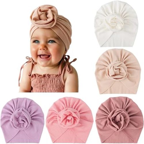 DRESHOW BQUBO 5 Pieces Newborn Baby Turban Hats Bow Baby Infant Beanie Breathable Toddler Cap for Baby Girls