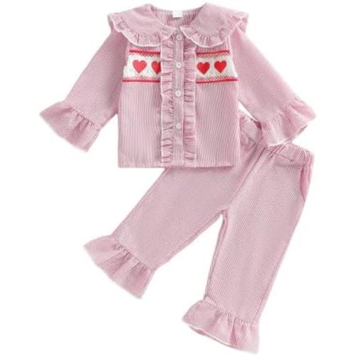 Toddler Little Girls Valentines Day Outfit Long Sleeve Heart Embroidery Ruffle Button Up Tops Striped Pants Set 2Pcs