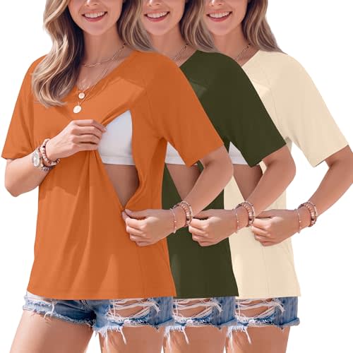 3 Pack Nursing Shirts Oversized Breastfeeding Tops for Women Hidden Zip Short Sleeve Loose Maternity Clothes