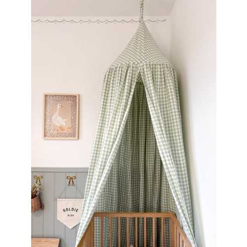 Gingham Bed Canopy: Cottage Green Checkered Cotton Canopy - Playroom Decor