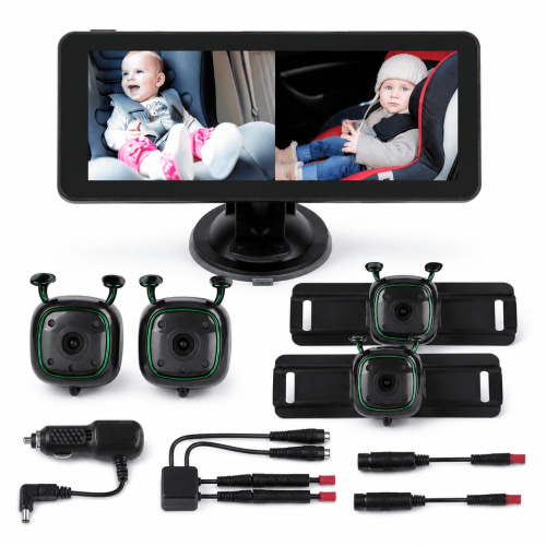 1080P Dual Baby Car Monitor with 6.86" Split Screen, 2 Cameras, Night Vision, Wide-Angle View, Suction Mount