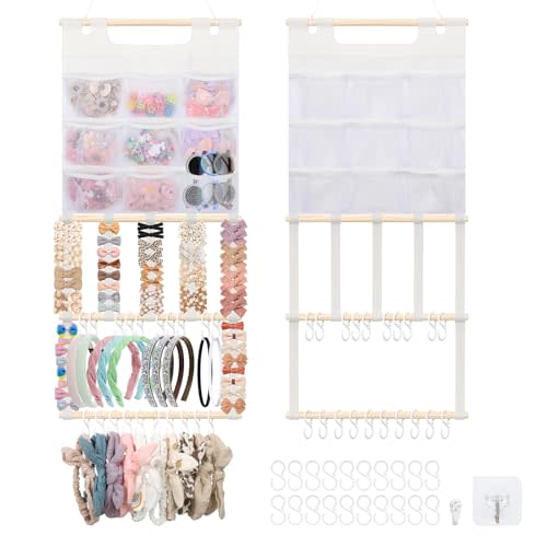 Munzong Leather Headband Holder, Bows Organizer for Girls Wall Hanging | Nursery Clip Storage w/ 20 Hooks Hair Accessories Organizer for Toddler Room Decor 15x33inch