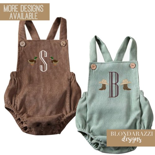 Country Western Baby Outfit for boys overalls suspenders lightweight corduroy bubble romper with embroidered monogram initial and character