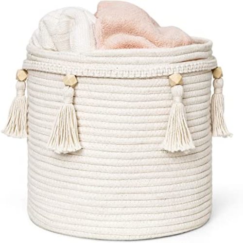Mkono, Decorative Macrame Cotton Rope Basket with Braided Tassels Organizer for Nursery Toys Magazine Potted Plants Living Room Bedroom Home Decor 28x28