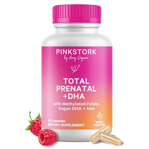 Pink Stork Total Prenatal Vitamins with DHA, Folate, Iron, Choline, and Vitamin B12 - Prenatals for Women to Support Fetal Development, Pregnancy Essentials, Berry Essence, 60 Capsules, 1 Month Supply