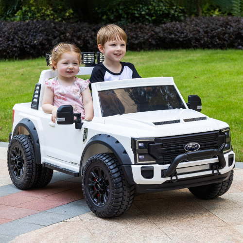 Ford F450 Kids 24V 2 Seater Electric Ride-On Truck Car w R/C Parental Control Remote, LED Foam wheels + Underbody LED Kit, MP3 + Wireless Music Streaming, Car Cover, Vegan Leather Seat