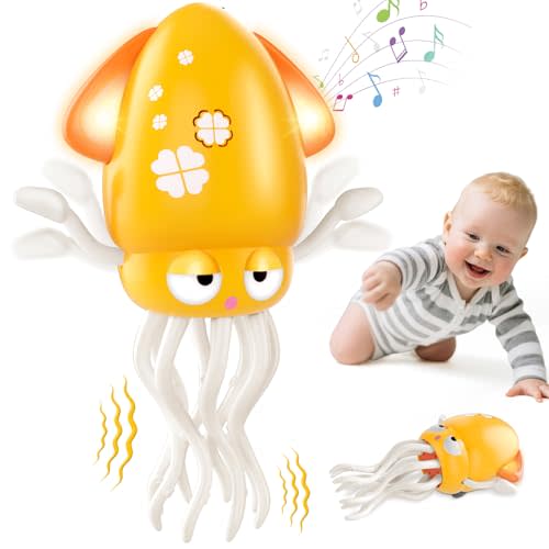 AOTIBO Baby Dancing Octopus Toy for 3 4 5 6 7 Year Old Boy Girl, Baby Tummy Time Electric Crawling Octopus Toys 36 Months, Dancing Squid Toy for Walking Toddlers, Kids Birthday Gifts, Yellow