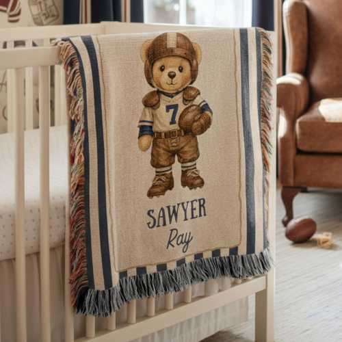 Personalized Football Teddy Bear Woven Blanket | Baby Boy Sports Nursery Blanket | Preppy Heirloom Name Keepsake