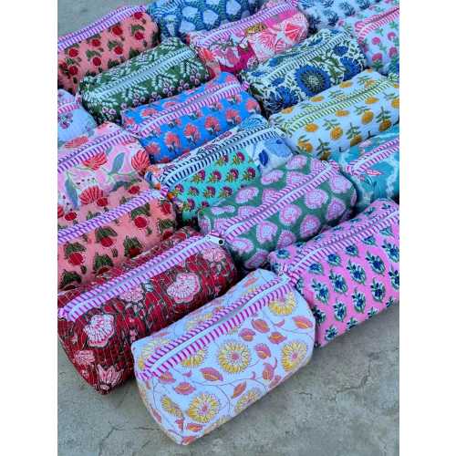 Large Cotton Quilted Block Printed Wash Bag | Ideal Gift | Handmade | Toiletry Bag | Cosmetic Bag Block Print Travel Accessory Holiday