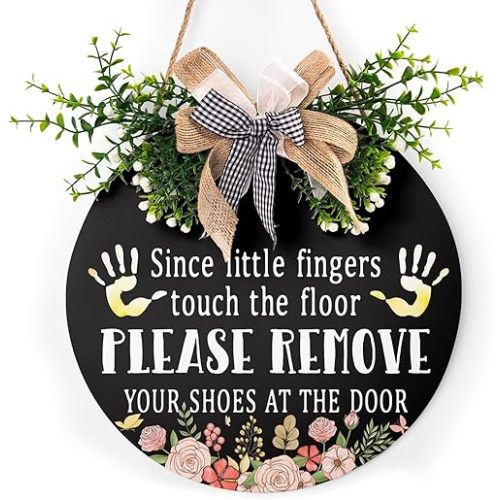 Since Little Fingers Touch Our Floor Sign Leave Your Shoes At The Door Wood Plaque with Buffalo Check Plaid Bow 12in Shoes Off Sign for All Seasons Farmhouse Home Front Porch Door Decoration