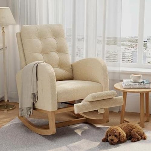 Modern Rocking Chair for Living Room, Comfortable Recliner Rocker with Side Pocket, Soft Linen Upholstered Glider Chair for Bedroom, Nursery, Lounge-Light Brown