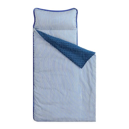 Wake In Cloud - Toddler Nap Mat with Pillow and Minky Fleece Blanket, for Kids Boys Girls in Daycare Preschool Kindergarten, Roll Up Sleeping Bag, Cute Ticking Stripe, Royal Blue White, Standard
