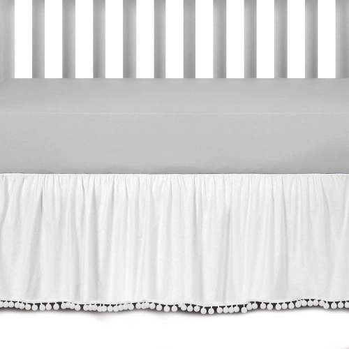 Ruffled Crib Skirt with Pompoms:Crib Bed Skirt with 14" Drop,Mini Crib Bedding Toddler Skirt,Baby Crib Accessories for Baby Boys Girls,28" X 52" (White)