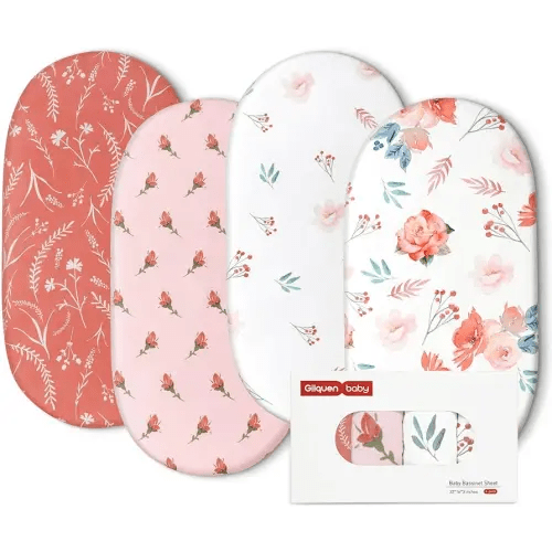 Gllquen Baby Bassinet Sheets 4 Pack, Breathable Cozy Fitted Mattress Sheet, Elastic Travel Crib Fashionable Floral Pattern, Standard Cradle Safe Sheets for Baby Boys Girls 32"x16" (Flower)