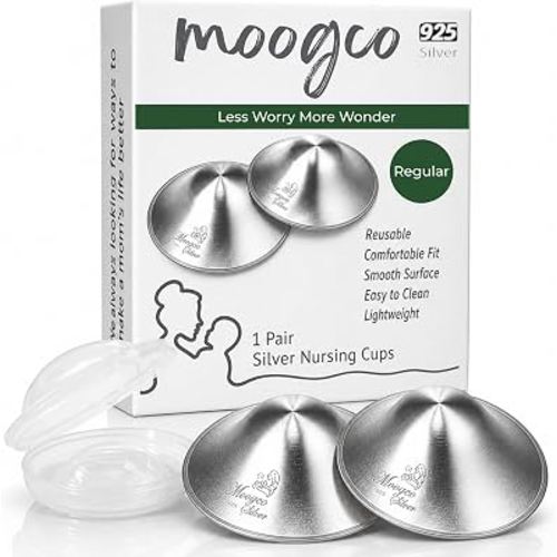 MOOGCO The Original Silver Nursing Cups - Nipple Shields for Breastfeeding Newborn - Breastfeeding Essentials - Solid 925 Sterling Silver Nipple Covers (Regular Size, Set of 2)