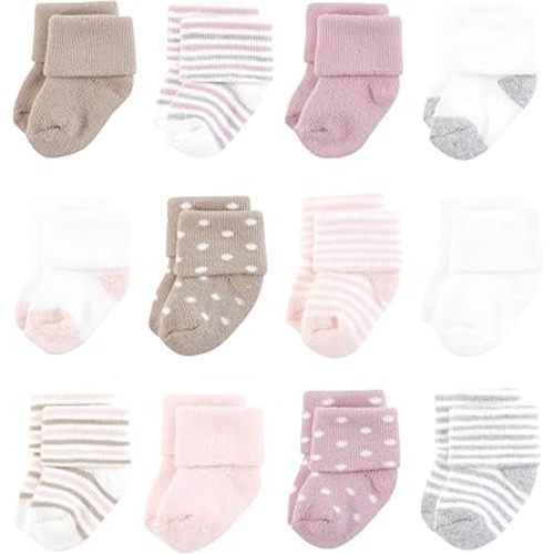 Hudson Baby Infant Girl Cotton Rich Newborn and Terry Socks, Soft Pink Dot Stripe, 0-6 Months