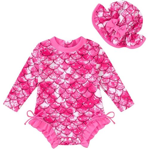 Infant Baby Swimsuit Girl Long Sleeve UPF 50+ Sun Protection One-Piece Rash Guard with Hat Zipper Bathing Suit
