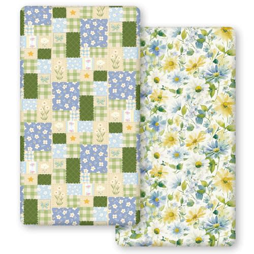 Horaldaily 2 Pack Fitted Crib Sheet for Boys Girls,Soft Breathable Washable Jersey Microfiber Baby Crib Sheet, Fits Standard Size Crib Mattress 28in x 52in, Floral Plaid Nursery Sheet Green/Yellow