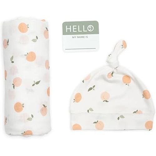 Lulujo Birth Announcement Hat & Swaddle Blanket Set | Unisex Softest Bamboo Viscose Muslin Baby Swaddle Blanket | Receiving Blanket | 47in x 47in | Peaches