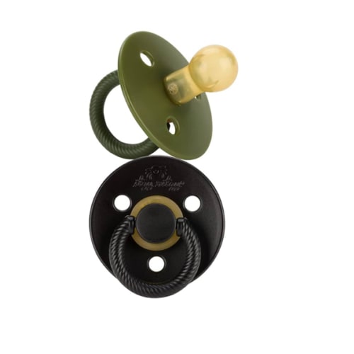 Itzy Ritzy Natural Rubber Newborn Pacifiers (Set of 2) – Baby Pacifiers with Cherry-Shaped Nipple & Large Air Holes for Added Safety; Set of 2 Binkies in Camo & Midnight (Ages 0 – 6 Months)