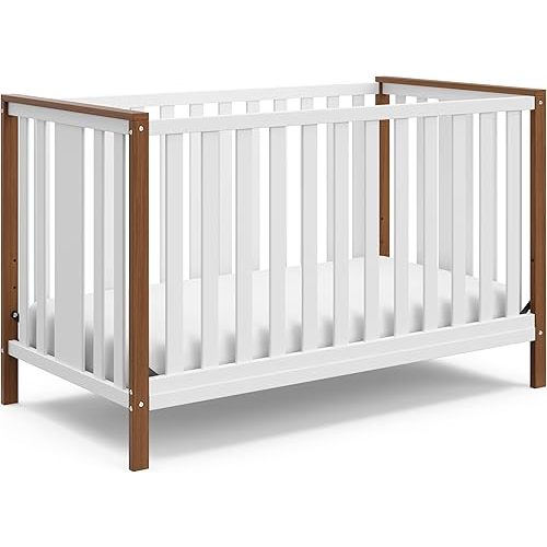 Storkcraft Modern Pacific 4-in-1 Convertible Crib (White with Vintage Driftwood) – GREENGUARD Gold Certified, Converts from Baby Crib to Toddler Bed and Full-Size Bed, Adjustable Mattress Support Base