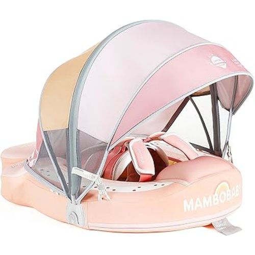 Mambobaby Baby Pool Float with Removable Sun Canopy - Non Inflatable Infant Swim Float with Anti-Flip Tail Design, Waterproof & Skin-Friendly Baby Float for Swimming (3-24 Months)