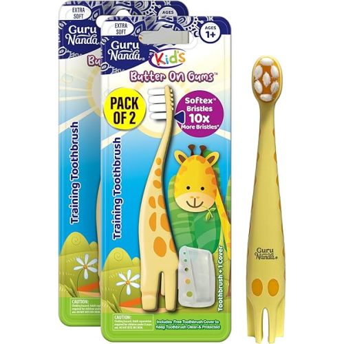 GuruNanda Kids Butter On Gums Cute Giraffe Toothbrush with Tongue Scraper & Cover - Super Soft Bristles for Gentle Cleaning -Ergonomic Handle (Age 1+) (Pack of 2)