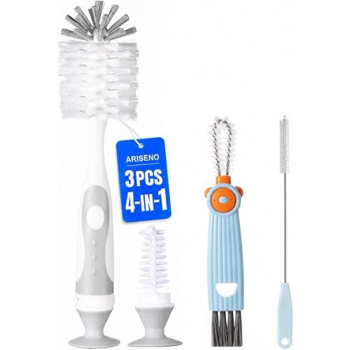 3-Pack 4-in-1 Baby Bottle Brush Set, Gray