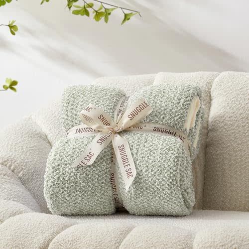 Snuggle Sac Heather Sage Green Throw Blanket for Couch, Reversible Super Soft Knitted Blankets Warm Cozy Fuzzy Throws for Sofa, Bed, Camping, Sage Green, 50x60 inches