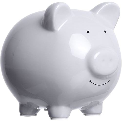 Pearhead Large Ceramic Piggy Bank, Ideal for Boys and Girls, Kids Money and Coin Bank, Perfect Baby Boy Nursery Décor, Great Gift and Newborn Keepsake, Solid Gray