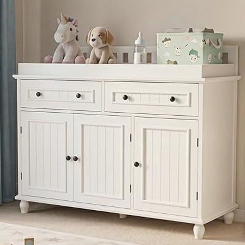 Large Nursery Dresser with Drawers, 47'' White Baby Diaper Changing Table
