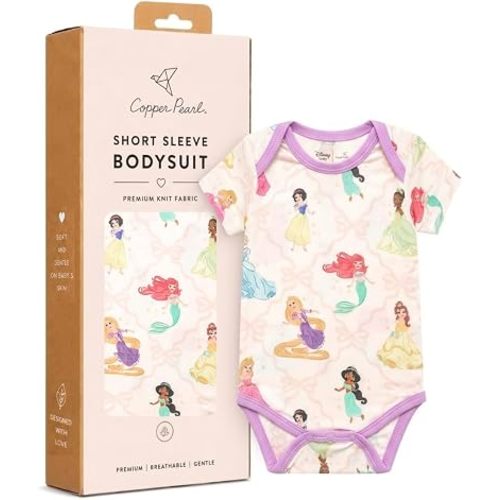 Copper Pearl Short Sleeve Bodysuit Baby: Ultra Soft Bodysuits for Newborns, Boys, Girls, and Infants - Stylish, Comfortable, Overlap Shoulders, Premium Knit Fabric - Disney Princess, Newborn