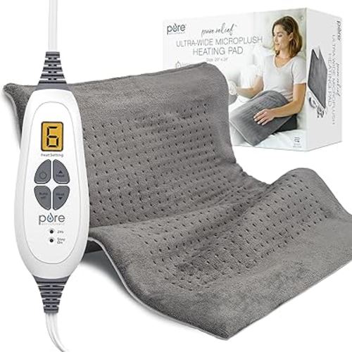 Pure Enrichment PureRelief Ultra-Wide Microplush Heating Pad - 20” x 24” XXL Size & 6 Heat Settings for Temporary Neck, Shoulder & Back Pain Relief - Moist Heat Option & Machine Washable (Gray)