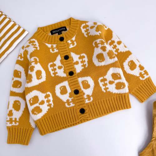 SKELLY SKULL CHUNKY KNIT MUSTARD CARDIGAN