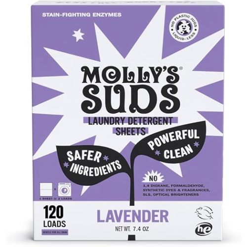 Molly’s Suds Laundry Detergent Sheets | Gentle on Sensitive Skin, Powerful Bio-Based Enzymes, Stain-Fighting | Liquidless & Plastic-Free Packaging | 120 Loads (Lavender)