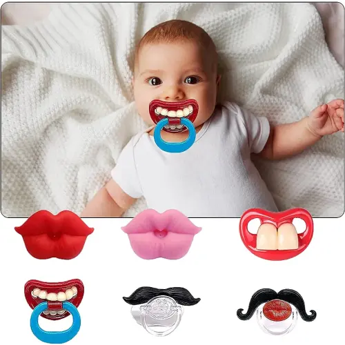 6PCs Funny Pacifier Infant Cute Kissable Lips and Gentleman Mustache Soft Silicone Design for Babies and Toddlers Shower Gift Unisex-BPA Free