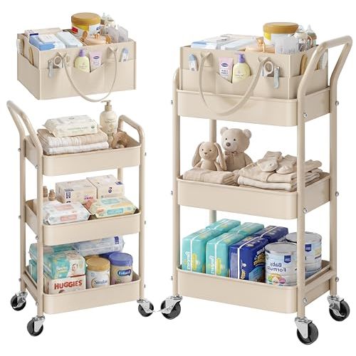 Baby Diaper Caddy Organizer Cart with Detachable Dividers, 3 Tier Metal Bedside Storage Rolling Cart with Wheels for Nursery, Postpartum Cart and Organizers for Newborn Essentials & Supplies (Oatmeal)
