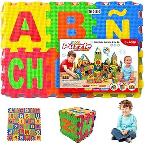 36 Tiles Puzzle Carpet, Eva Foam Baby Mat for Floor Interlocking Spanish Alphabet Foam Puzzles Mat for Play & Exercise Foam Play Mat for Babies, Assorted Color,Foam Mats for Kids 31x31