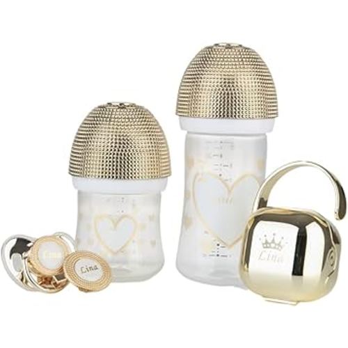 Luxurious 4pcs Set Bling Custom Baby Pacifiers and Baby Bottle Set with Name for Boy and Girl,0-6 Months,6-18 Months, Baby Shower Giftglittering Anniversary Edition Set