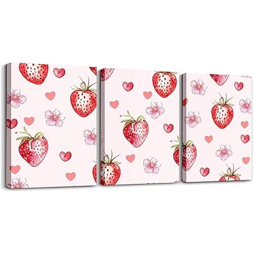 jejeloiu Strawberry Canvas Wall Art for Living Room Bedroom Kawaii Painting Decor Cute Kids Boys Girls Picture Artwork Flower Posters Prints 12"x16"x 3Pcs